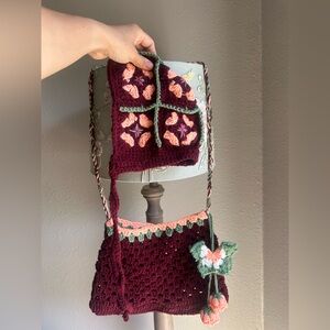 Handcrafted Burgundy and Pink Crochet Bag and hat set